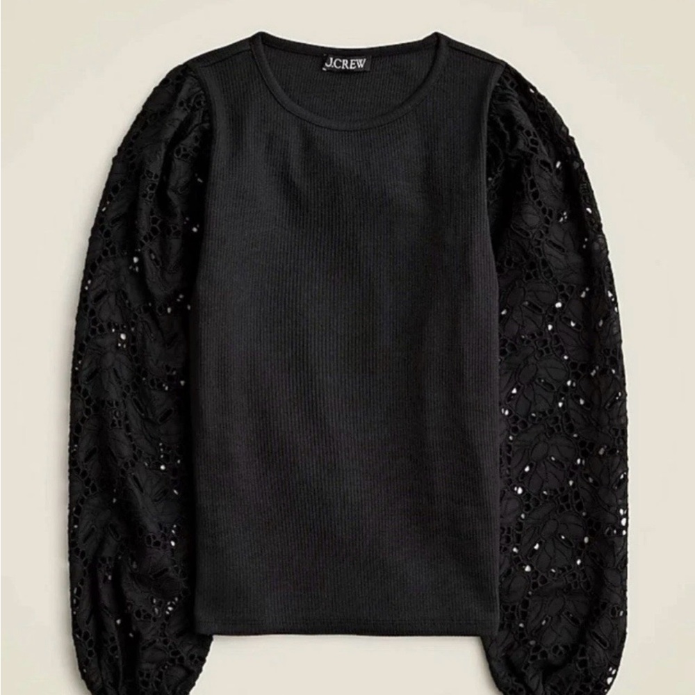 NWT J. Crew Black Ribbed Sweater/shirt with Lace Puff Sleeves. Small NWT